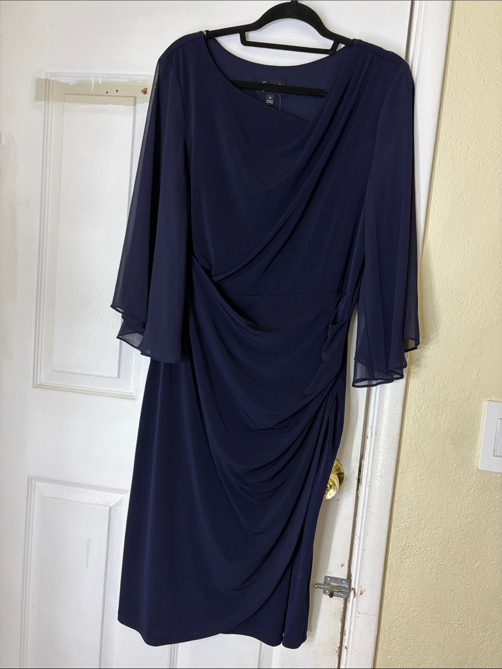 connected apparel Navy Draped Midi Dress with Sheer Sleeves and Ruched Side